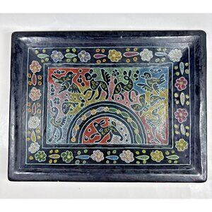 Olinala Lacquerware Black Wood Folk Art Tray Dish Bird Deer Rabbit Mexico